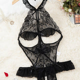Women's Sexy Hollow Backless Transparent Floral Lace Open Crotch Design Bodysuit