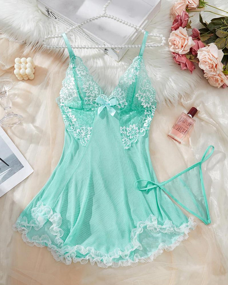 Sexy Deep V Contrast Lace Mesh Bow Decoration Suspender Nightdress (With Thong)