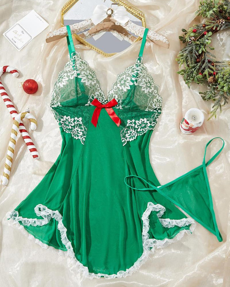 Sexy Deep V Contrast Lace Mesh Bow Decoration Suspender Nightdress (With Thong)