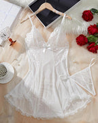 Sexy Deep V Contrast Lace Mesh Bow Decoration Suspender Nightdress (With Thong)