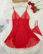 Sexy Deep V Contrast Lace Mesh Bow Decoration Suspender Nightdress (With Thong)