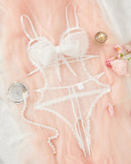 Sexy Floral Lace Bow Tie Open Crotch Hollow Polka Dot Mesh One-Piece Pajamas