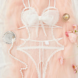 Sexy Floral Lace Bow Tie Open Crotch Hollow Polka Dot Mesh One-Piece Pajamas