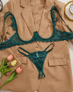 Women's Lace Sexy Underwire Spaghetti Straps Adjustable Bra and Open Crotch Design Thong Set