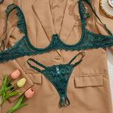 Women's Lace Sexy Underwire Spaghetti Straps Adjustable Bra and Open Crotch Design Thong Set