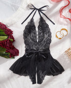 Women's Sexy Flower Lace Open Crotch Design Suspender Tight Backless Nightgown