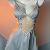 Women's V-Neck Lace Colorblock Ice Silk Bow Design Suspender Nightdress