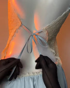 Women's V-Neck Lace Colorblock Ice Silk Bow Design Suspender Nightdress