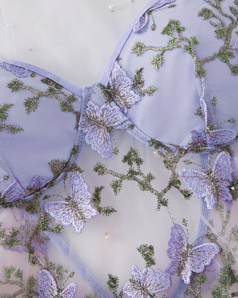 Women's Sexy Butterfly Embroidery Mesh Suspender Nightdress and Thong Set