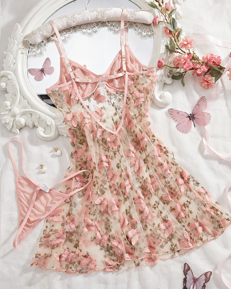 Women's Sexy Butterfly Embroidery Mesh Suspender Nightdress and Thong Set