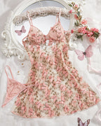 Women's Sexy Butterfly Embroidery Mesh Suspender Nightdress and Thong Set