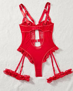 Sexy Lace Mesh Backless Ruffled Decoration Hollow Ring Buckle One-Piece Pajamas