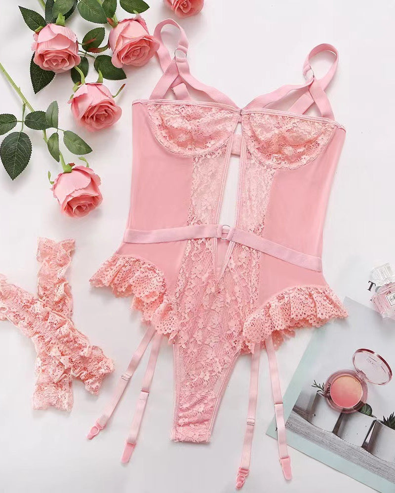 Sexy Lace Mesh Backless Ruffled Decoration Hollow Ring Buckle One-Piece Pajamas