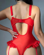 Sexy Lace Mesh Backless Ruffled Decoration Hollow Ring Buckle One-Piece Pajamas