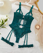 Sexy Lace Mesh Backless Ruffled Decoration Hollow Ring Buckle One-Piece Pajamas