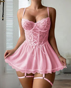 Sexy Lace Tie-Up Design See-Through Low-Cut Suspender Nightdress