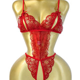 Women's Sexy Hollow Translucent Floral Lace Backless One-Piece Pajamas