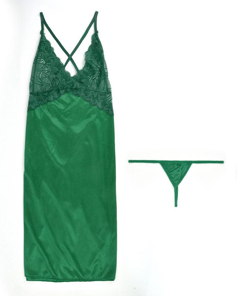 Women's Sexy Lace Satin V Neck Adjustable Straps Backless Nightdress with Thong