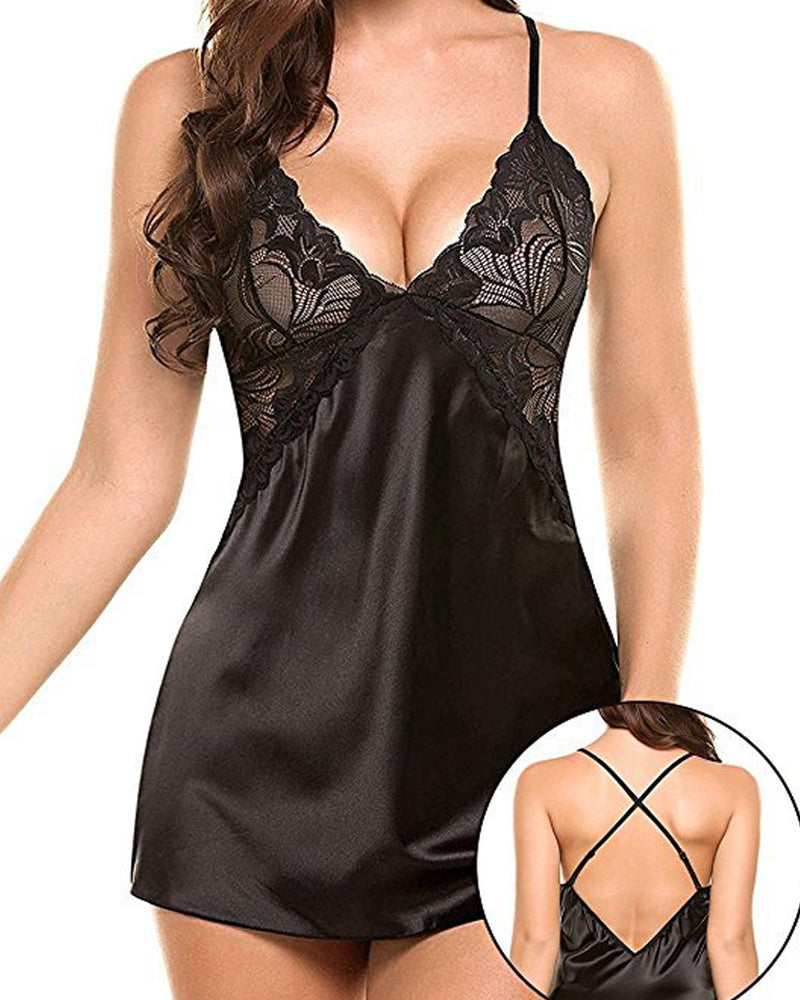 Women's Sexy Lace Satin V Neck Adjustable Straps Backless Nightdress with Thong