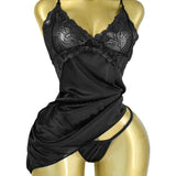 Women's Sexy Lace Satin V Neck Adjustable Straps Backless Nightdress with Thong