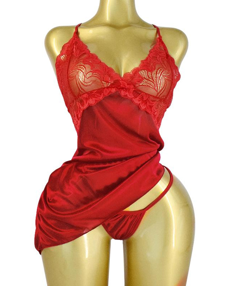 Women's Sexy Lace Satin V Neck Adjustable Straps Backless Nightdress with Thong