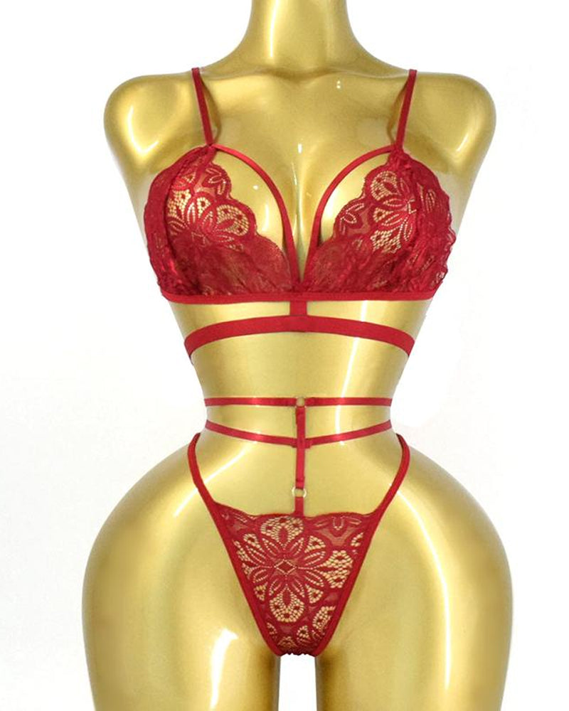Women's Floral Lace Sexy Adjustable Strap Bra and Thong Set