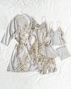 Women's Satin Printed Suspender Top Shorts Suspender Dress Nightgown Home Clothes Five-Piece Set