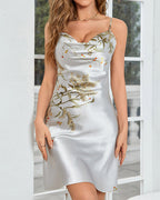 Women's Satin Printed Suspender Top Shorts Suspender Dress Nightgown Home Clothes Five-Piece Set