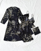 Women's Satin Printed Suspender Top Shorts Suspender Dress Nightgown Home Clothes Five-Piece Set