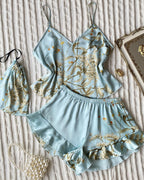 Women's Satin Printed Suspender Top Shorts Suspender Dress Nightgown Home Clothes Five-Piece Set