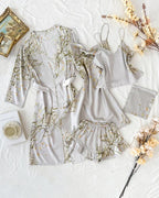 Women's Satin Printed Suspender Top Shorts Suspender Dress Nightgown Home Clothes Five-Piece Set