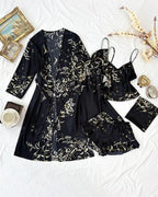 Women's Satin Printed Suspender Top Shorts Suspender Dress Nightgown Home Clothes Five-Piece Set