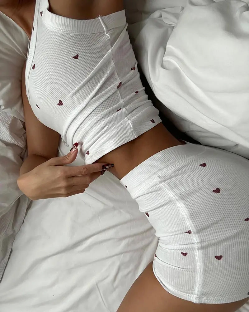 Women's Heart Pattern U Neck Tank Top and Casual Elastic Waist Shorts 2-Piece Set