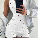 Women's Heart Pattern U Neck Tank Top and Casual Elastic Waist Shorts 2-Piece Set