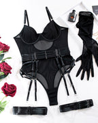 Sexy See-Through Mesh Splicing Low-Cut Bodysuit With Gloves Three-Piece Set