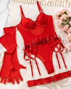 Sexy See-Through Mesh Splicing Low-Cut Bodysuit With Gloves Three-Piece Set