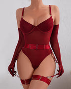 Sexy See-Through Mesh Splicing Low-Cut Bodysuit With Gloves Three-Piece Set