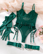 Sexy See-Through Mesh Splicing Low-Cut Bodysuit With Gloves Three-Piece Set