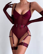 Sexy See-Through Mesh Splicing Low-Cut Bodysuit With Gloves Three-Piece Set