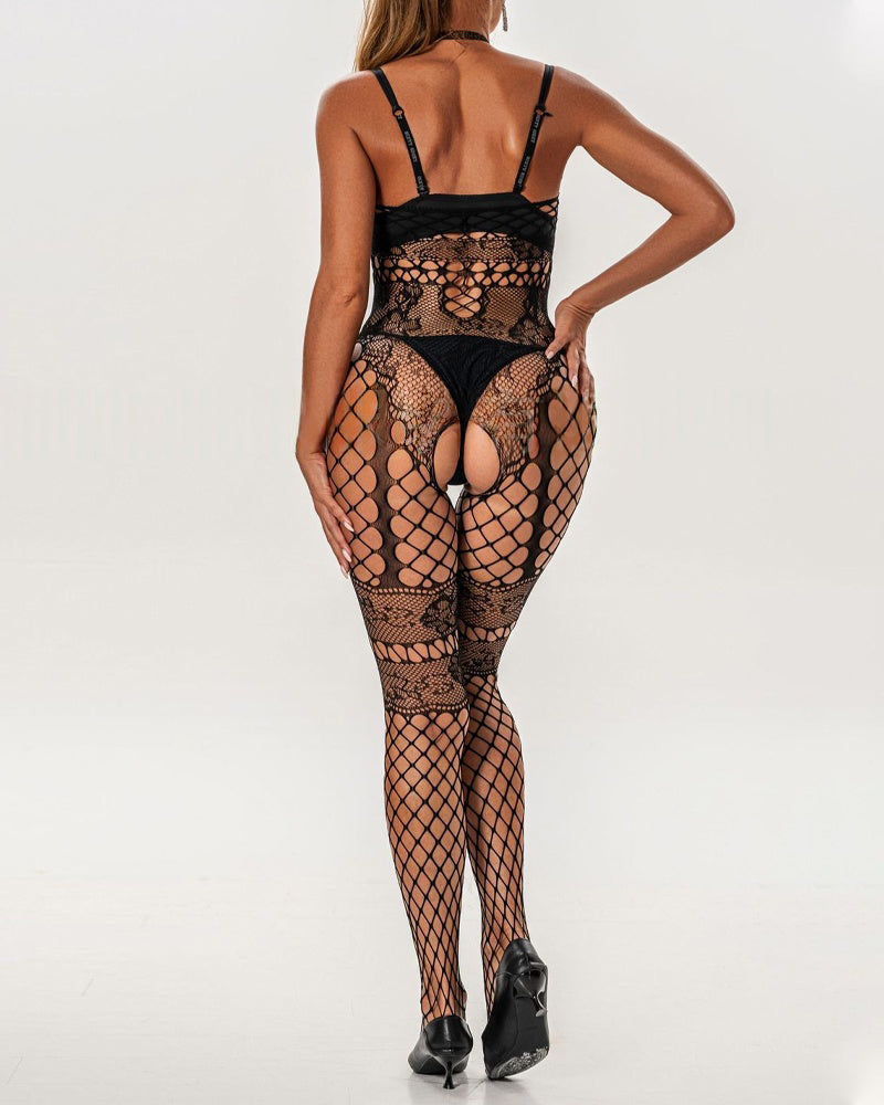Sexy Halterneck Jacquard Lace Hollow See-Through Fishnet Stockings One-Piece Pajamas