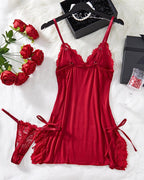 Sexy Bow Decorated Contrast Lace Suspender Nightdress Nightdress and Thong Set