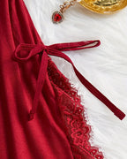 Sexy Bow Decorated Contrast Lace Suspender Nightdress Nightdress and Thong Set