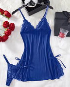 Sexy Bow Decorated Contrast Lace Suspender Nightdress Nightdress and Thong Set