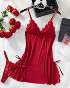 Sexy Bow Decorated Contrast Lace Suspender Nightdress Nightdress and Thong Set