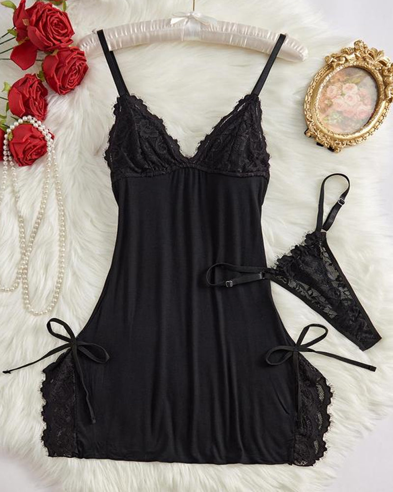 Sexy Bow Decorated Contrast Lace Suspender Nightdress Nightdress and Thong Set