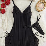 Sexy Bow Decorated Contrast Lace Suspender Nightdress Nightdress and Thong Set