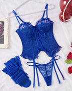 Sexy Lace Hollow Straps Thin Bra Thong and Stockings Three-Piece Set