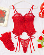 Sexy Lace Hollow Straps Thin Bra Thong and Stockings Three-Piece Set