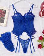 Sexy Lace Hollow Straps Thin Bra Thong and Stockings Three-Piece Set