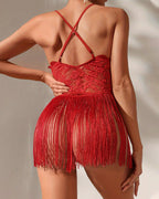 Sexy Deep V Lace Tassel Suspender Dress and Thong Pajama Set